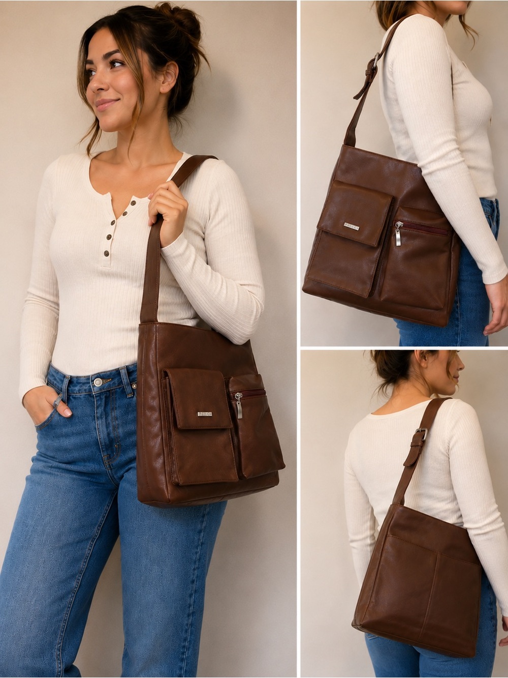 Relic Genuine Leather Brown Adjustable Shoulder Bag Multi Pocket Everyday Purse